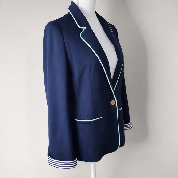 NWT Yumi Navy Blazer Mint Piping Preppy Nautical Striped Tailored Jacket US10/12 - Picture 4 of 11